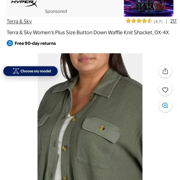 Terra & Sky Women's Plus Size Button Down Waffle Knit Shacket, size 1X (16-18) - Picture 3 of 5